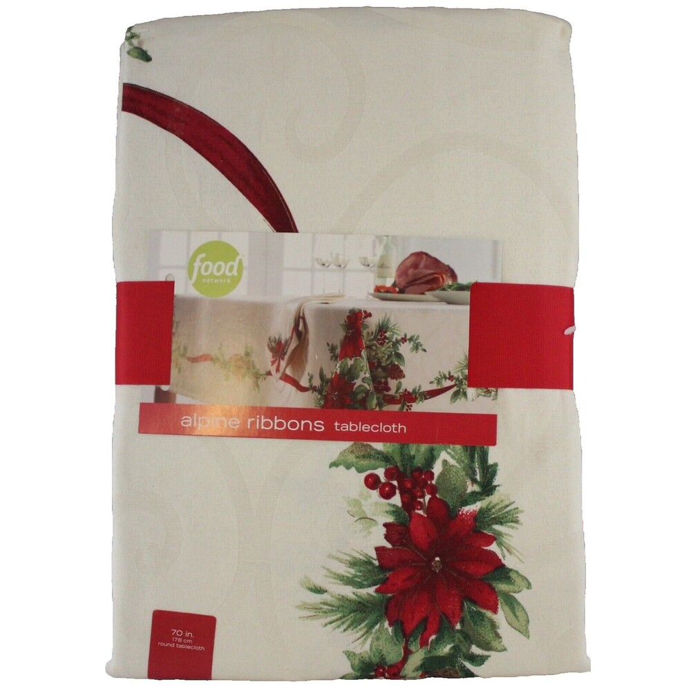 Food Network Alpine Ribbons Tablecloth Christmas Holiday 70 in Round New